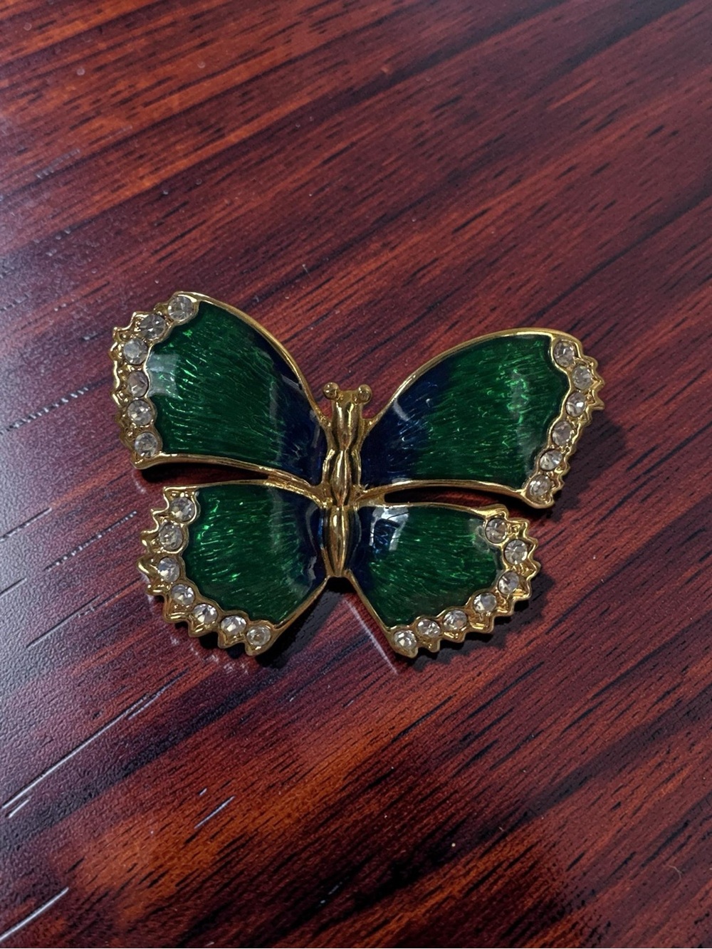 Green Enamel Butterfly Brooch with Rhinestones